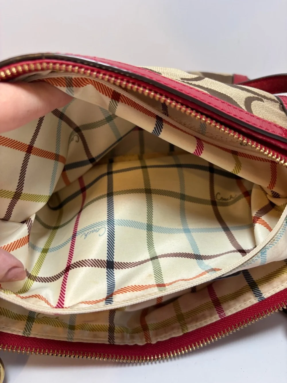 Coach Red Leather & Signature Print Tote with Plaid Interior #13005